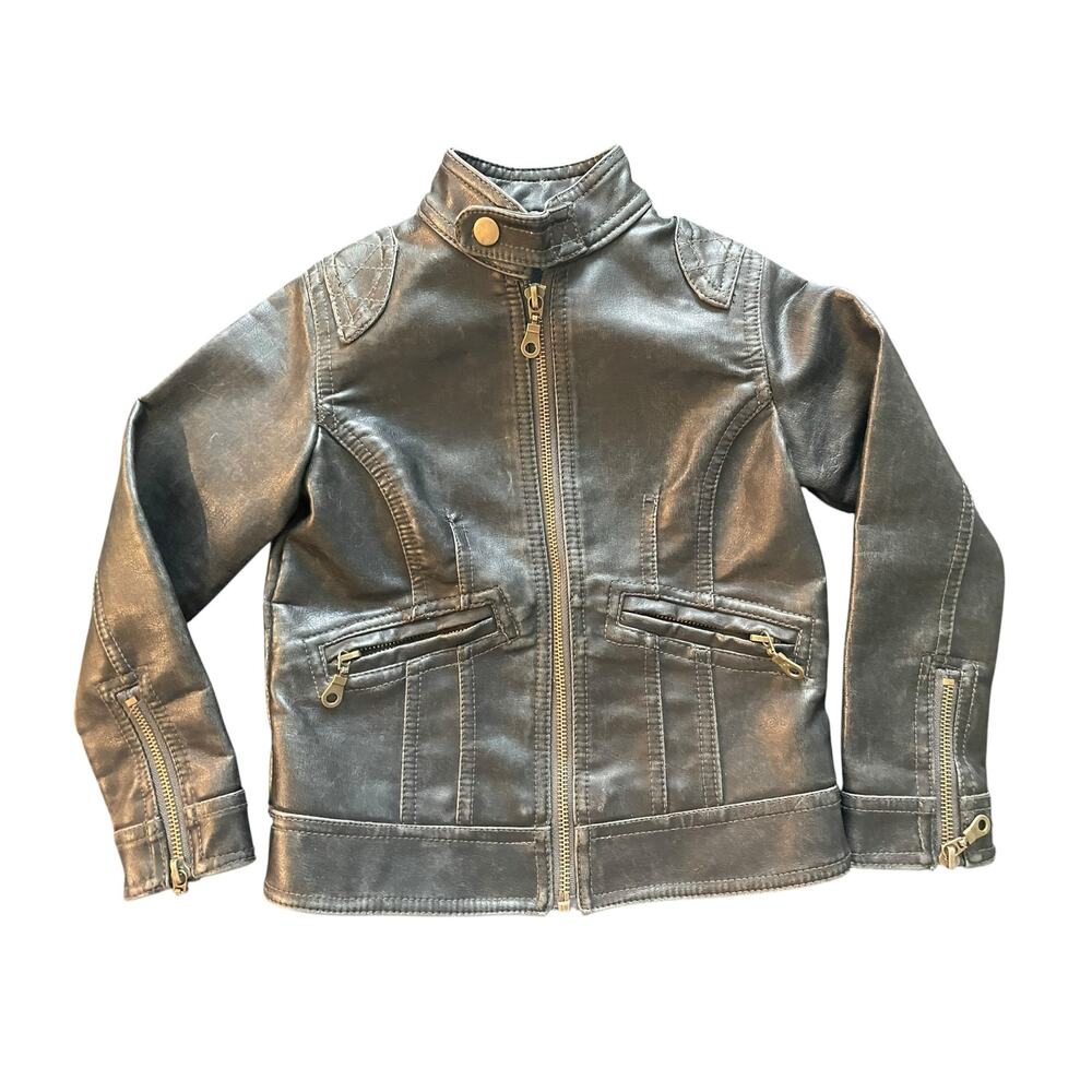 Frida G London Kids Small Black Faux Leather Moto Biker Jacket Distressed EUC